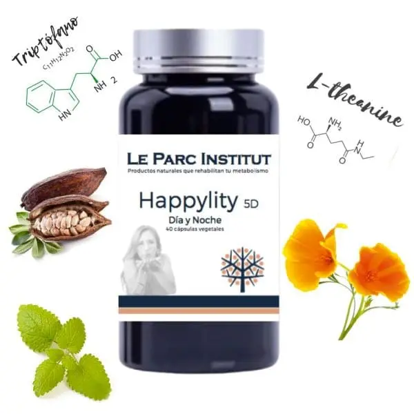 Happylity suplemento fisiológico, con sus ingredientes, para reducir el estrés