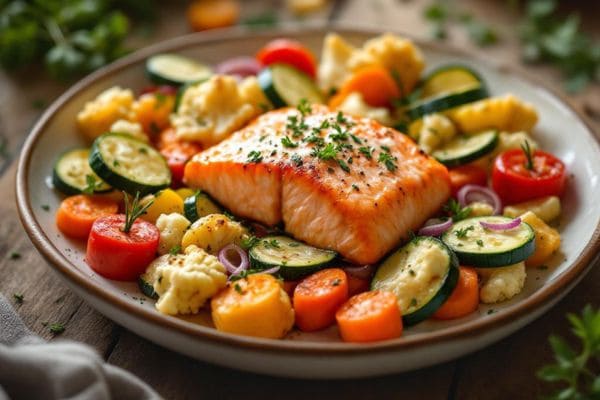 Plato de salmón con verdura